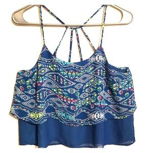Blue Aztec print crop tank with open back